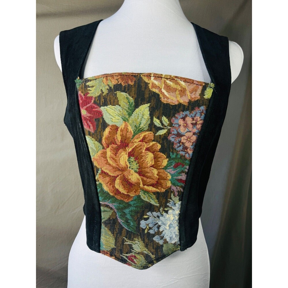 RARE Vintage Renaissance Faire Medieval Vest Tapestry Corset Leather Cosplay M/L